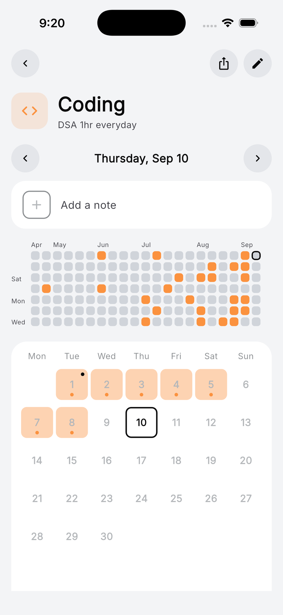 Coding activity detail: today's check, a year grid and the month calendar with completed days highlighted