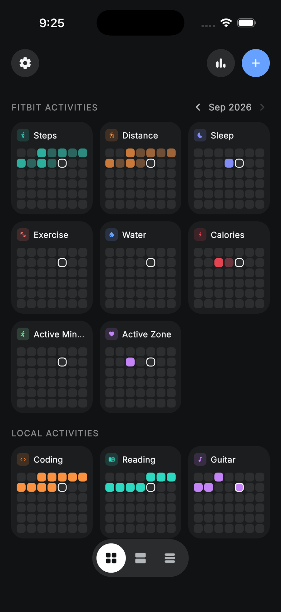 Compact grid view: eleven activities as small month tiles, three per row