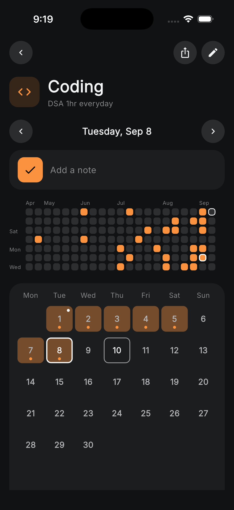 Coding activity detail: today's check, a year grid and the month calendar with completed days highlighted