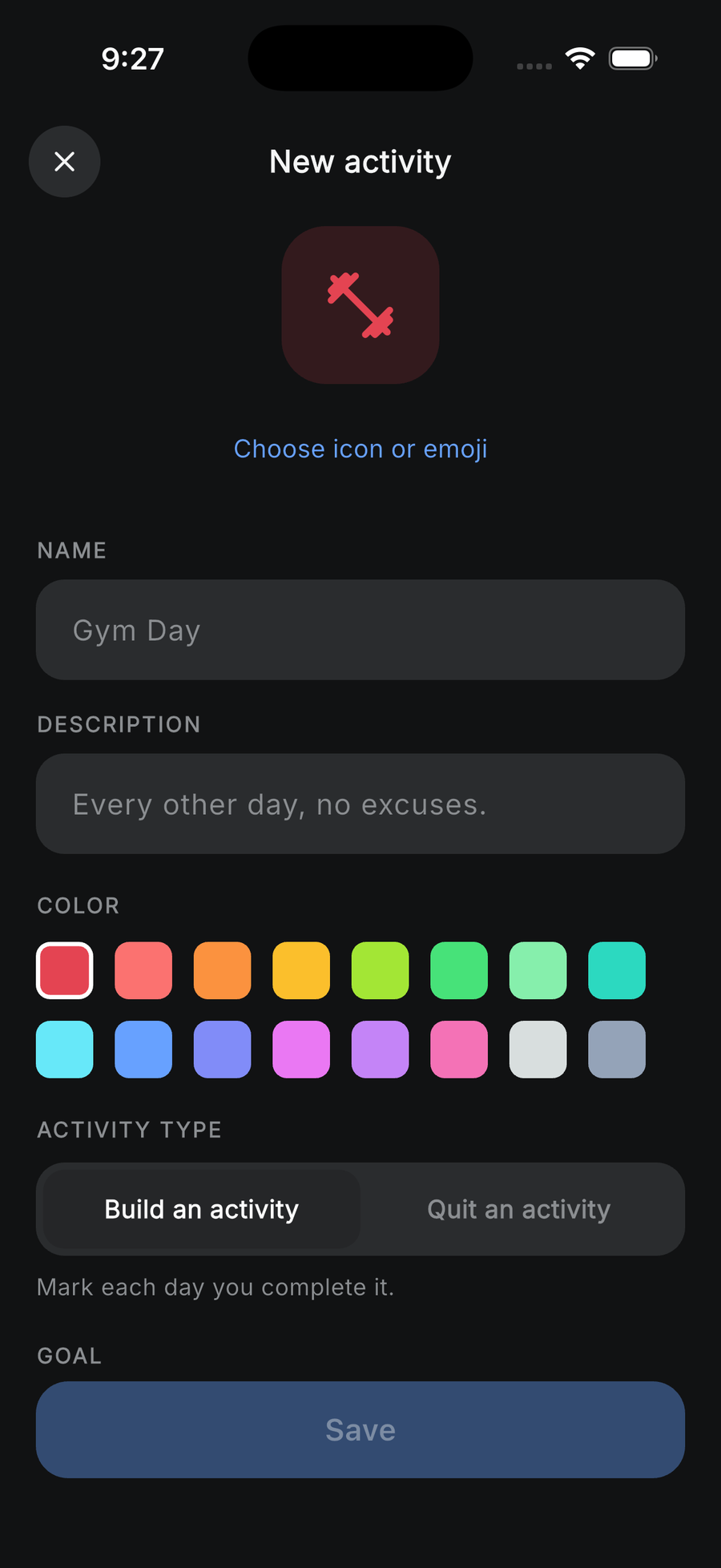 New activity form: icon, name, description, sixteen colour swatches and a build-or-quit toggle
