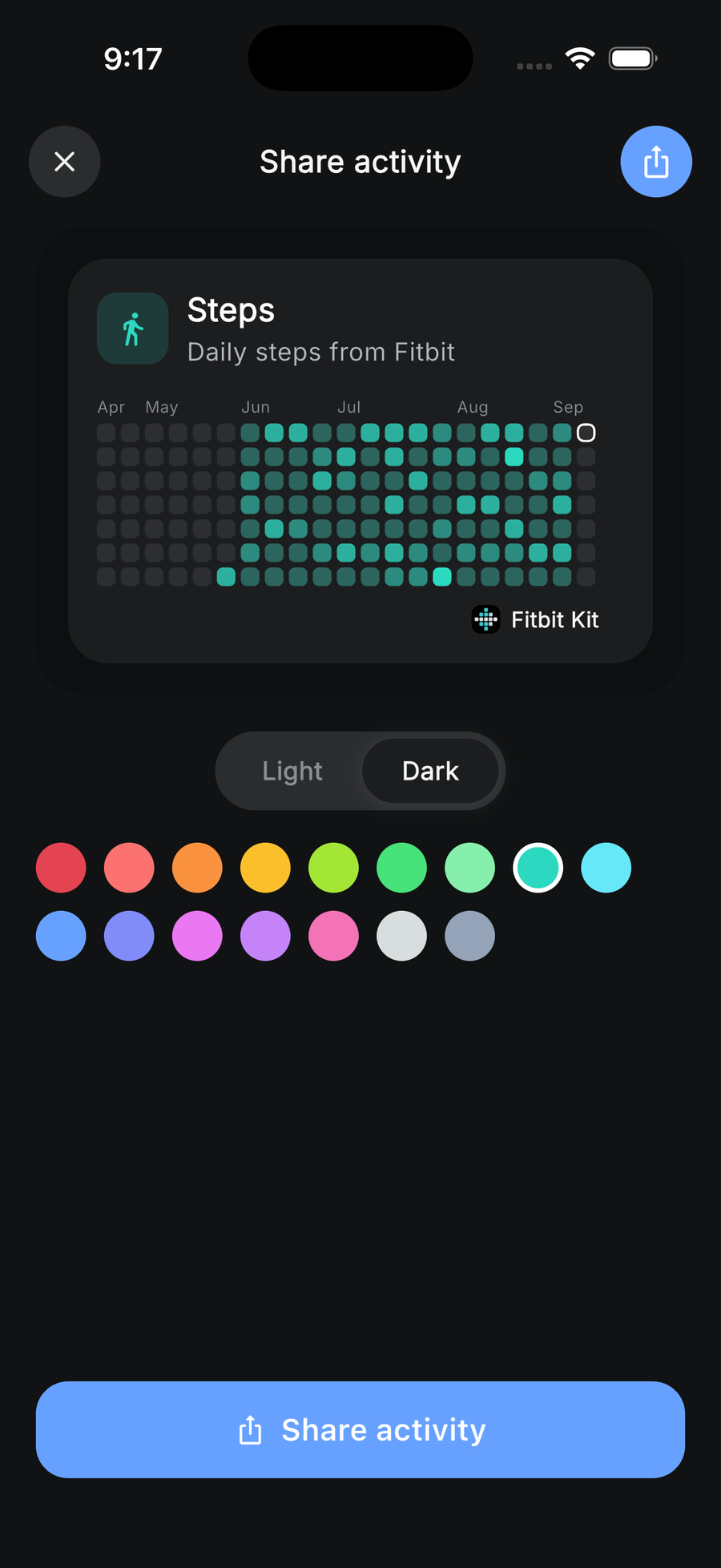 Share activity screen: a dark Steps card with its year grid, a light/dark toggle and sixteen colour swatches