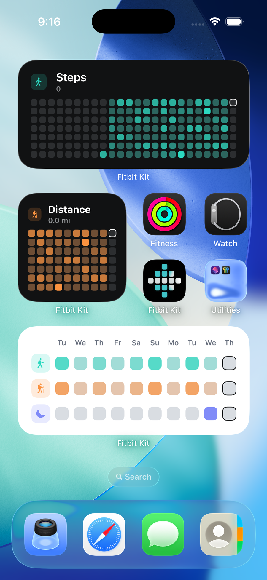 iOS home screen with Fitbit Kit widgets: a Steps year grid, a Distance grid and a weekly strip, filled by Fitbit