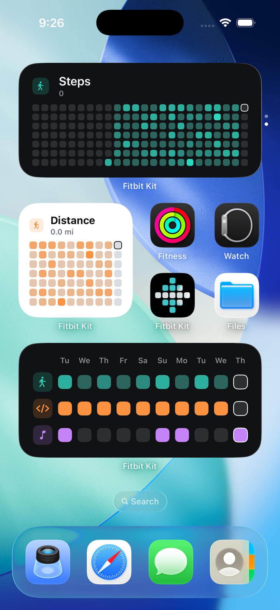 iOS home screen with Fitbit Kit widgets: a Steps year grid, a Distance grid and a weekly strip, filled by Fitbit